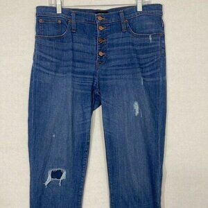 J. Crew High Rise Jeans Distressed Toothpick Button Fly Raw Hem Blue 32
